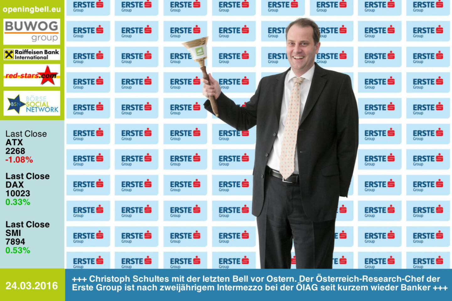 #openingbell am 24.3.: Christoph Schultes mit der letzten Opening Bell vor Ostern. Der Österreich-Research-Chef der Erste Group ist nach zweijährigem Intermezzo bei der ÖIAG erst seit einigen Monaten wieder Banker http://www.erstegroup.com http://www.openingbell.eu