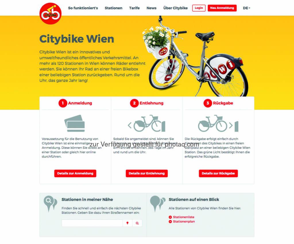 Startseite Citybike Wien: Citybike Wien, Wiens Gratisleihradsystem, ist ab sofort unter der bekannten URL, www.citybikewien.at, mit einem neuen Webauftritt, der auch die Anmeldung via Smartphone ermöglicht, online : Fotocredit: Gewista, © Aussender (29.03.2016) 