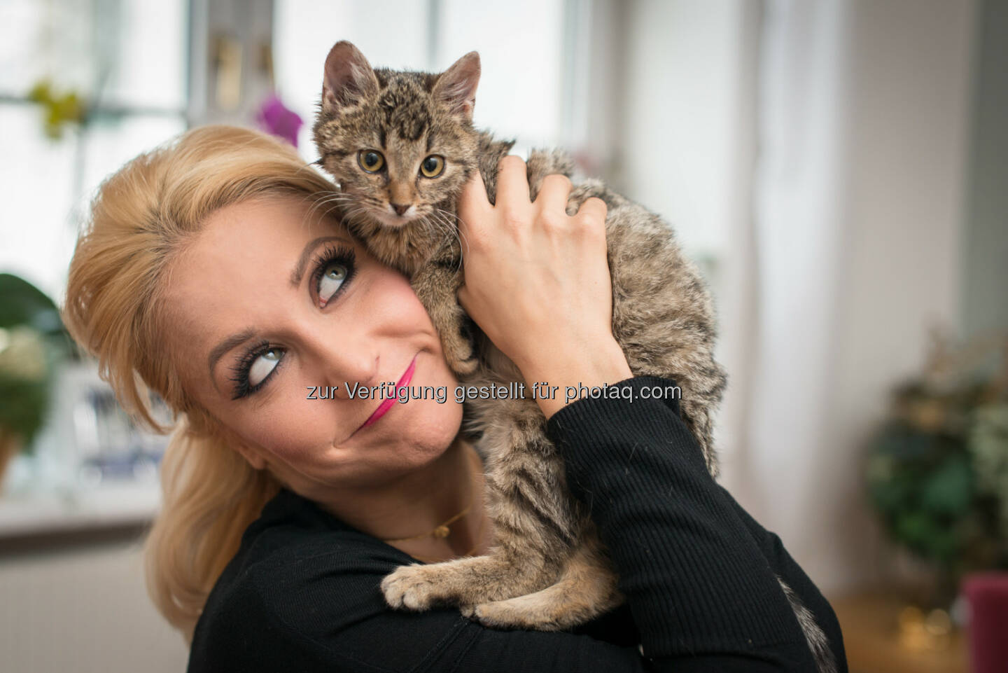 Kathrin Menzinger, Kätzchen Cookie : Mit Felix entdecken was Katzen zuhause machen : Felix möchte nun gemeinsam mit Katzenbesitzern das Geheimnis lüften und ruft Katzenbesitzer auf, sich für Beobachtungskamera-Sets zu bewerben : Diese speziellen Kameras zeichnen nur auf, wenn die Tiere allein zu Hause sind und halten fest, was sie in unbeobachteten Momenten anstellen : Fotocredit: Purina PetCare Austria/ Doron Nadav Life Group OG