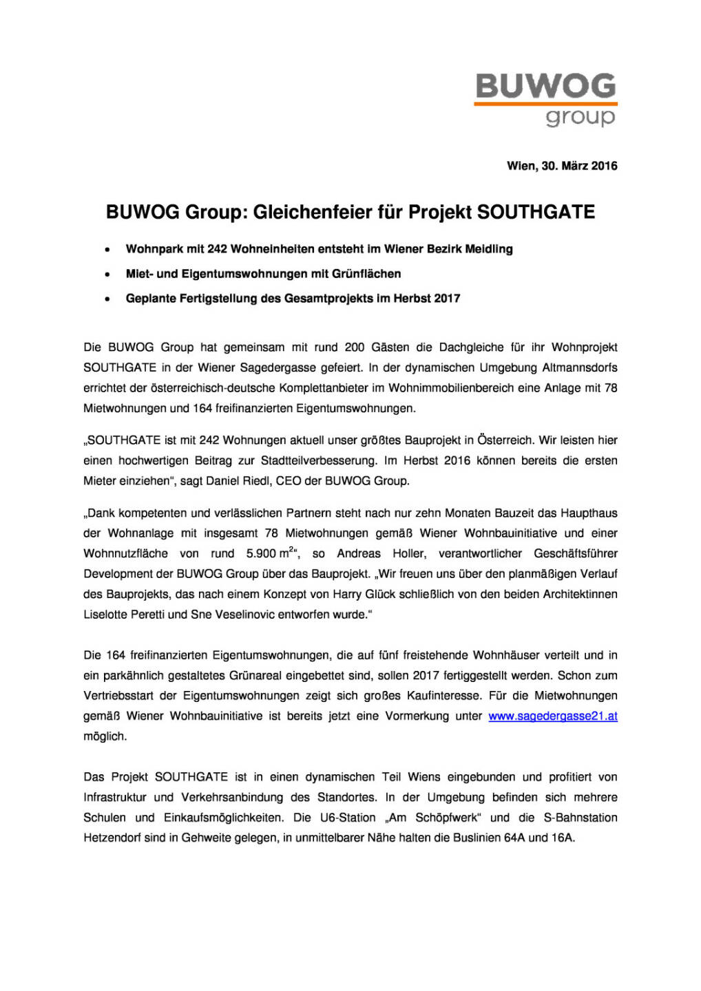 Buwog Group: Gleichenfeier für Projekt Southgate, Seite 1/2, komplettes Dokument unter http://boerse-social.com/static/uploads/file_825_buwog_group_gleichenfeier_fur_projekt_southgate.pdf