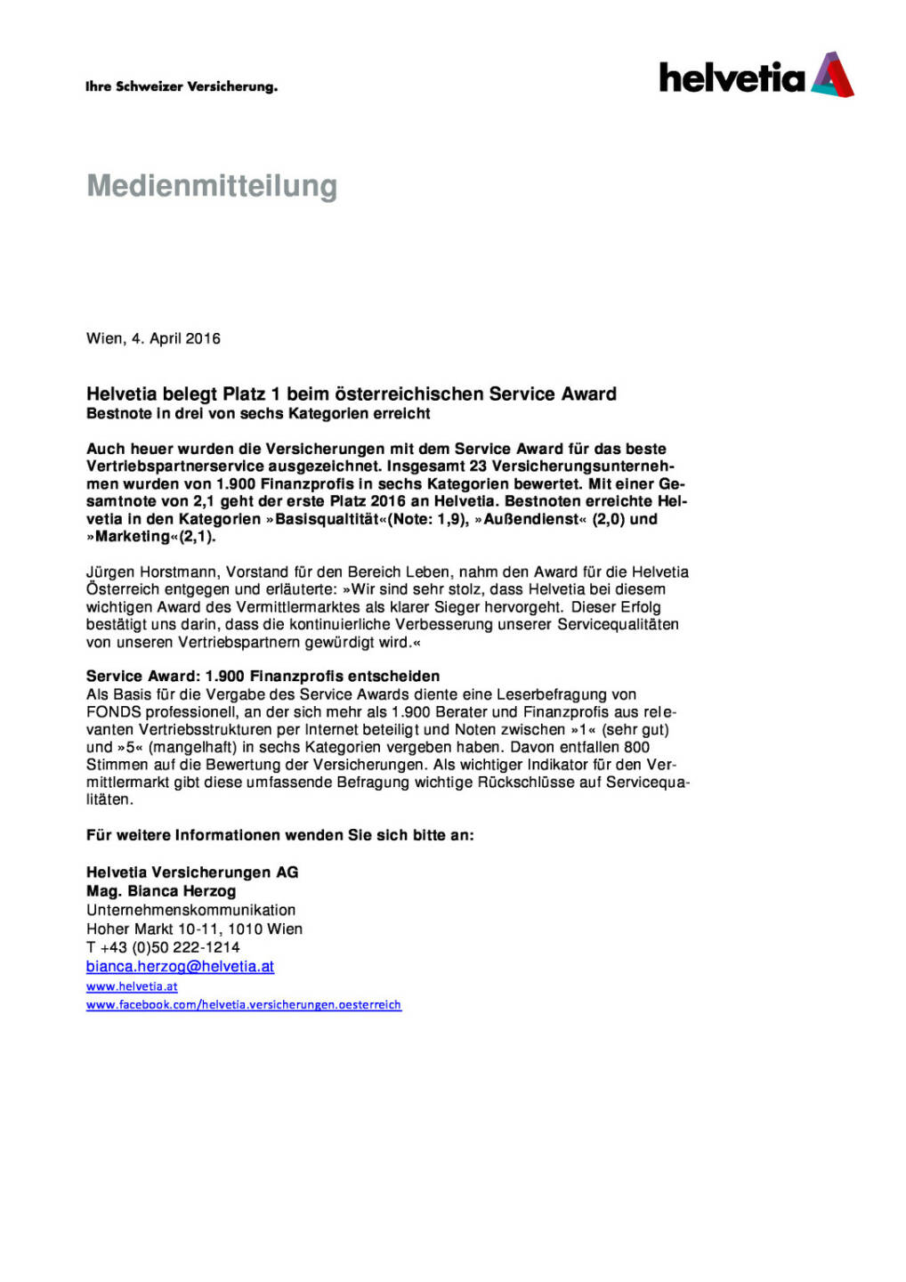 Helvetia Versicherungen Österreich: Helvetia belegt Platz 1 beim österreichischen Service Award, Seite 1/2, komplettes Dokument unter http://boerse-social.com/static/uploads/file_839_helvetia_versicherungen_osterreich_helvetia_belegt_platz_1_beim_osterreichischen_service_award.pdf