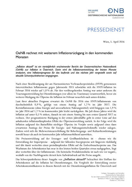 OeNB rechnet mit weiterem Inflationsrückgang in den kommenden Monaten, Seite 1/2, komplettes Dokument unter http://boerse-social.com/static/uploads/file_844_oenb_rechnet_mit_weiterem_inflationsruckgang_in_den_kommenden_monaten.pdf (05.04.2016) 