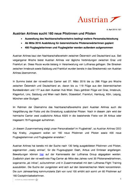 Austrian Airlines sucht 160 neue Pilotinnen und Piloten , Seite 1/2, komplettes Dokument unter http://boerse-social.com/static/uploads/file_860_austrian_airlines_sucht_160_neue_pilotinnen_und_piloten.pdf (08.04.2016) 