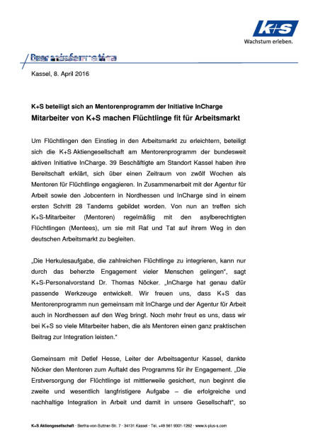 K+S AG: Mitarbeiter machen Flüchtlinge fit für Arbeitsmarkt, Seite 1/4, komplettes Dokument unter http://boerse-social.com/static/uploads/file_863_ks_ag_mitarbeiter_machen_fluchtlinge_fit_fur_arbeitsmarkt.pdf (08.04.2016) 