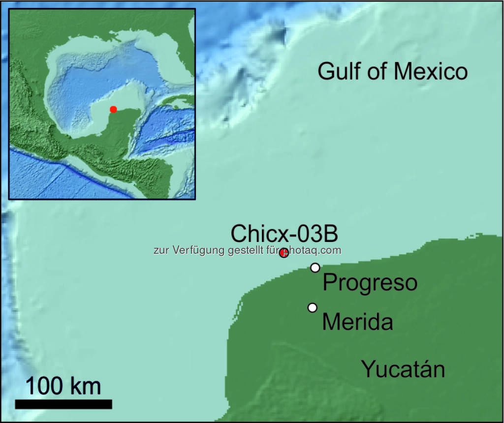 Lageplan Chicxulub-Krater : Naturhistorisches Museum Wien beteiligt sich an einer internationalen Expedition und Offshore-Bohrung am Chicxulub-Krater in Mexiko : Fotocredit: NHM/Mellett/Claire L., © Aussendung (08.04.2016) 