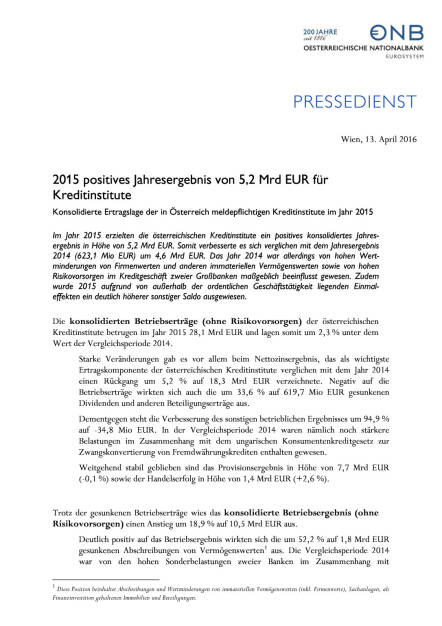 OeNB: 2015 positives Jahresergebnis für Kreditinstitute, Seite 1/3, komplettes Dokument unter http://boerse-social.com/static/uploads/file_876_oenb_2015_positives_jahresergebnis_fur_kreditinstitute.pdf (13.04.2016) 
