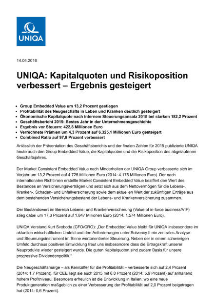 Uniqa: Kapitalquoten und Risikoposition verbessert – Ergebnis gesteigert, Seite 1/4, komplettes Dokument unter http://boerse-social.com/static/uploads/file_884_uniqa_kapitalquoten_und_risikoposition_verbessert_ergebnis_gesteigert.pdf (14.04.2016) 