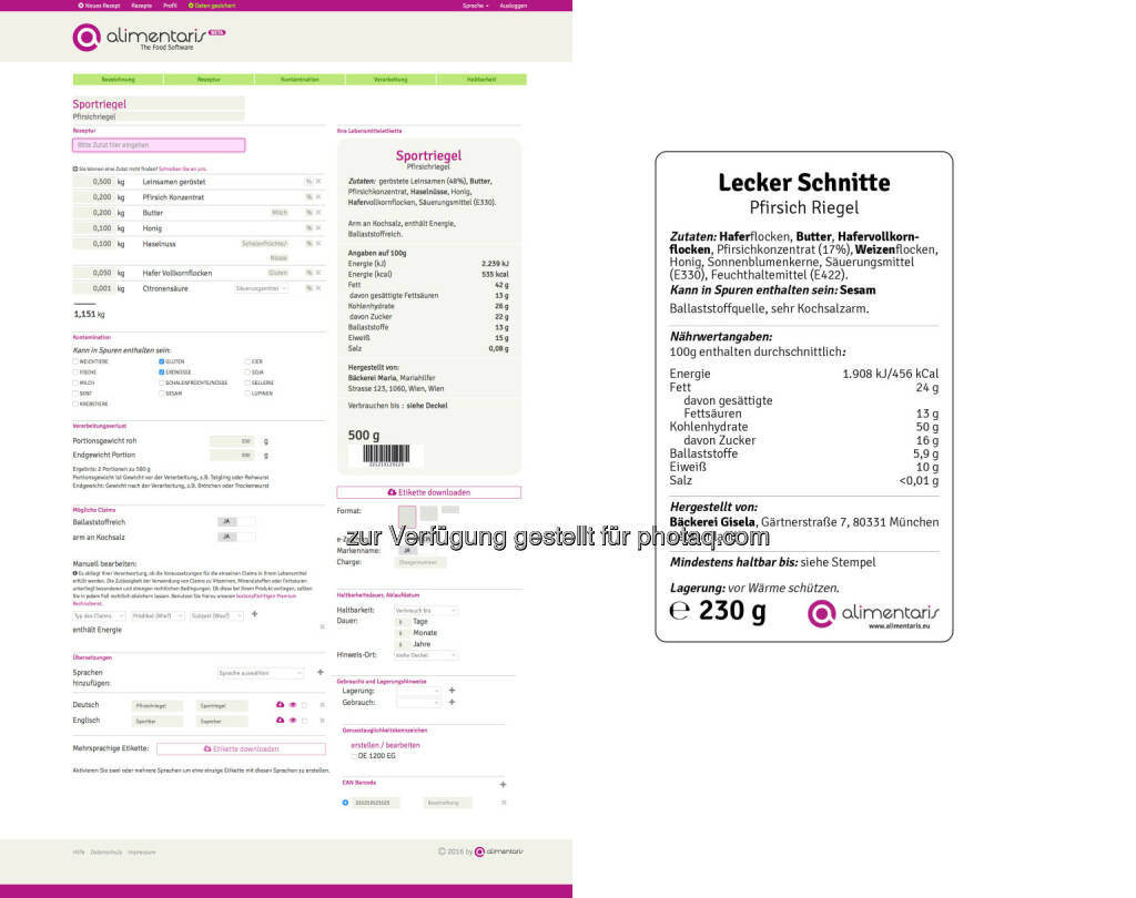 Alimentaris Website Screenshot und Beispiel Lebensmittel- Etikette : In 3 Minuten online und kostenlos zur Lebensmitteletikette : Österreichisches Start-Up Alimentaris - Innovative Web-Anwendung ermöglicht druckfertige Etikette in 5 Sprachen auf Basis der Rezeptur : Fotocredit: iStockfoto, © Aussendung (18.04.2016) 