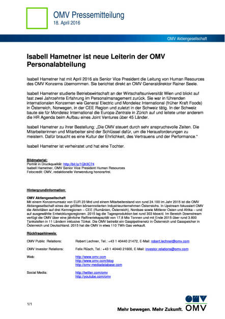 OMV: Isabell Hametner ist neue Leiterin der Personalabteilung, Seite 1/1, komplettes Dokument unter http://boerse-social.com/static/uploads/file_896_omv_isabell_hametner_ist_neue_leiterin_der_personalabteilung.pdf (18.04.2016) 