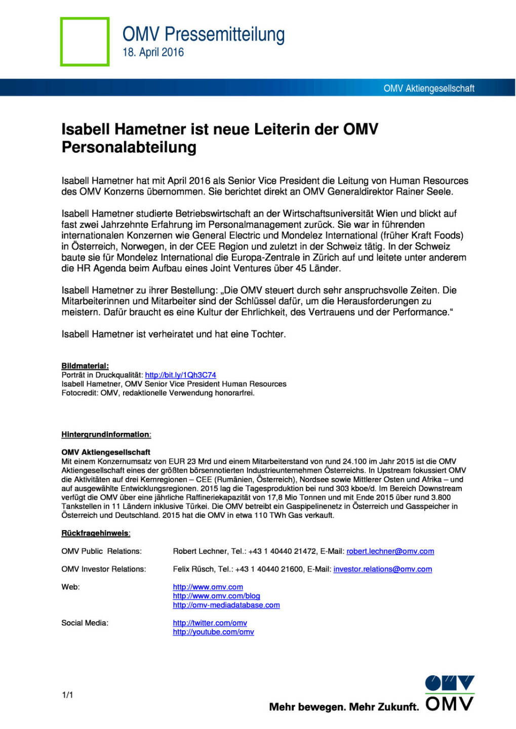 OMV: Isabell Hametner ist neue Leiterin der Personalabteilung, Seite 1/1, komplettes Dokument unter http://boerse-social.com/static/uploads/file_896_omv_isabell_hametner_ist_neue_leiterin_der_personalabteilung.pdf