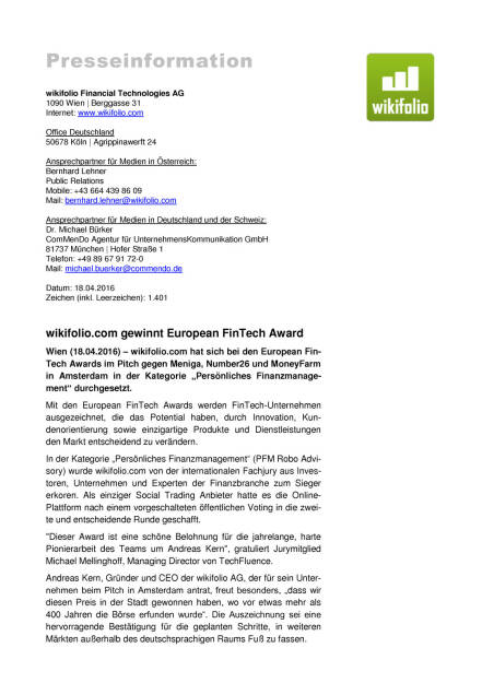 wikifolio.com gewinnt European FinTech Award 2016, Seite 1/3, komplettes Dokument unter http://boerse-social.com/static/uploads/file_904_wikifoliocom_gewinnt_european_fintech_award_2016.pdf (18.04.2016) 