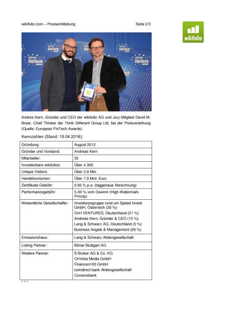 wikifolio.com gewinnt European FinTech Award 2016, Seite 2/3, komplettes Dokument unter http://boerse-social.com/static/uploads/file_904_wikifoliocom_gewinnt_european_fintech_award_2016.pdf (18.04.2016) 