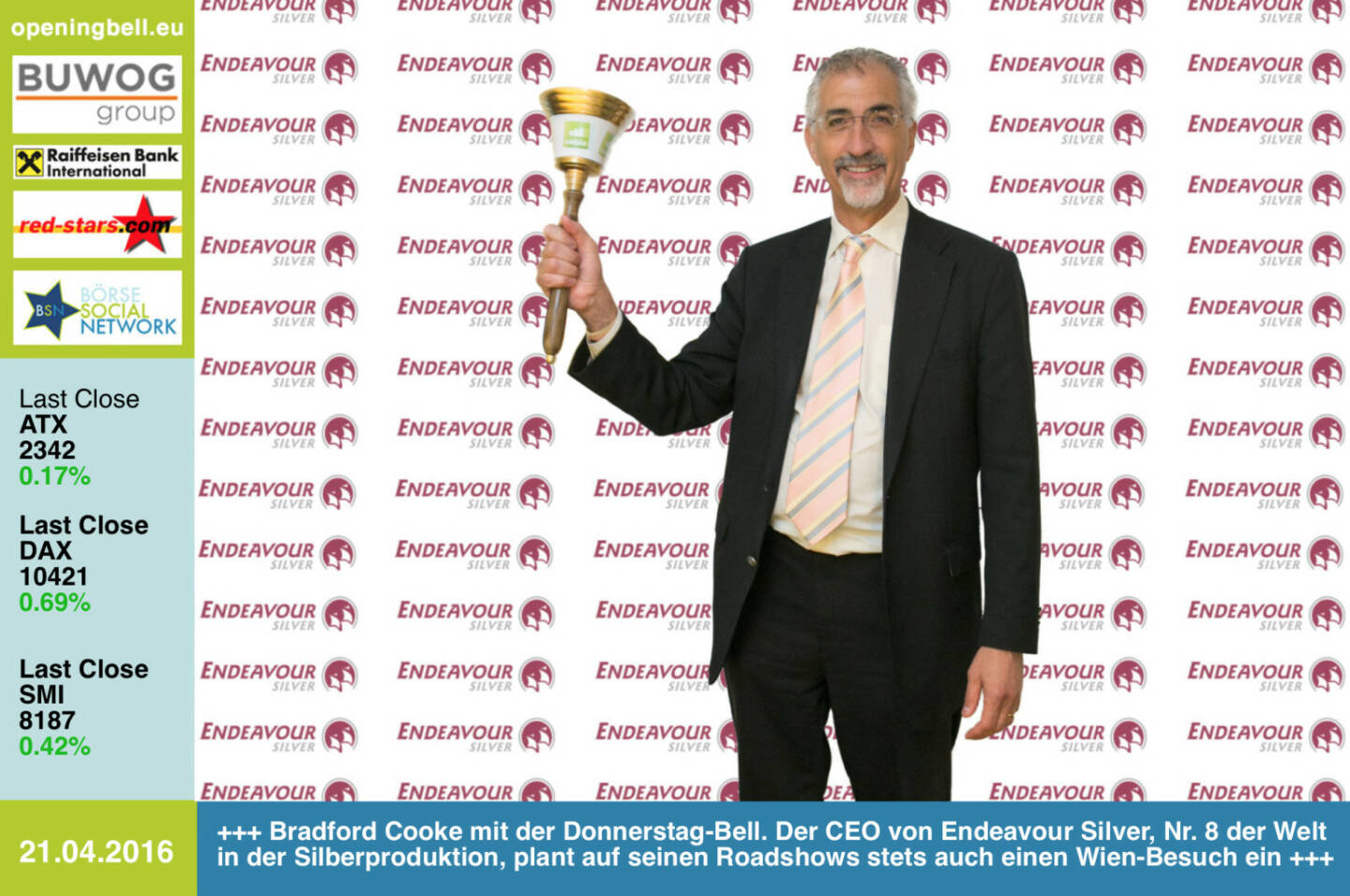 #openingbell am 21.4.: Bradford Cooke mit der Opening Bell für Donnerstag. Der CEO von Endeavour Silver, Nr. 8 der Welt in der Silberproduktion, plant auf seinen Roadshows stets auch einen Wien-Besuch ein http://www.edrsilver.com http://www.photaq.com/page/index/2451 http://www.resource-capital.ch