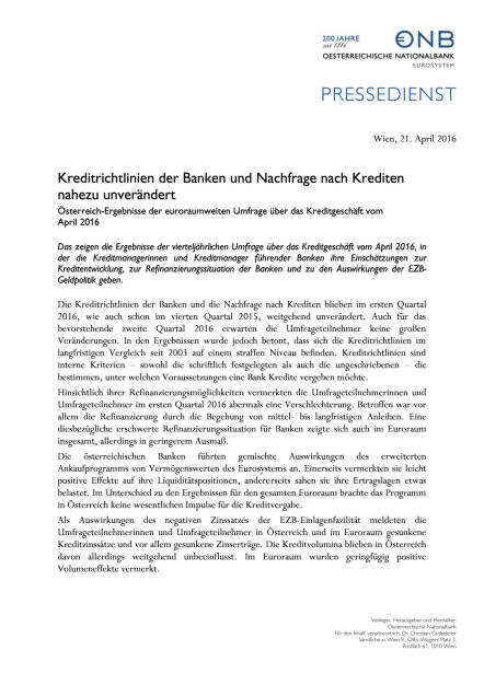 OeNB : Kreditrichtlinien der Banken und Kreditnachfrage, Seite 1/2, komplettes Dokument unter http://boerse-social.com/static/uploads/file_919_oenb_kreditrichtlinien_der_banken_und_kreditnachfrage.pdf (21.04.2016) 