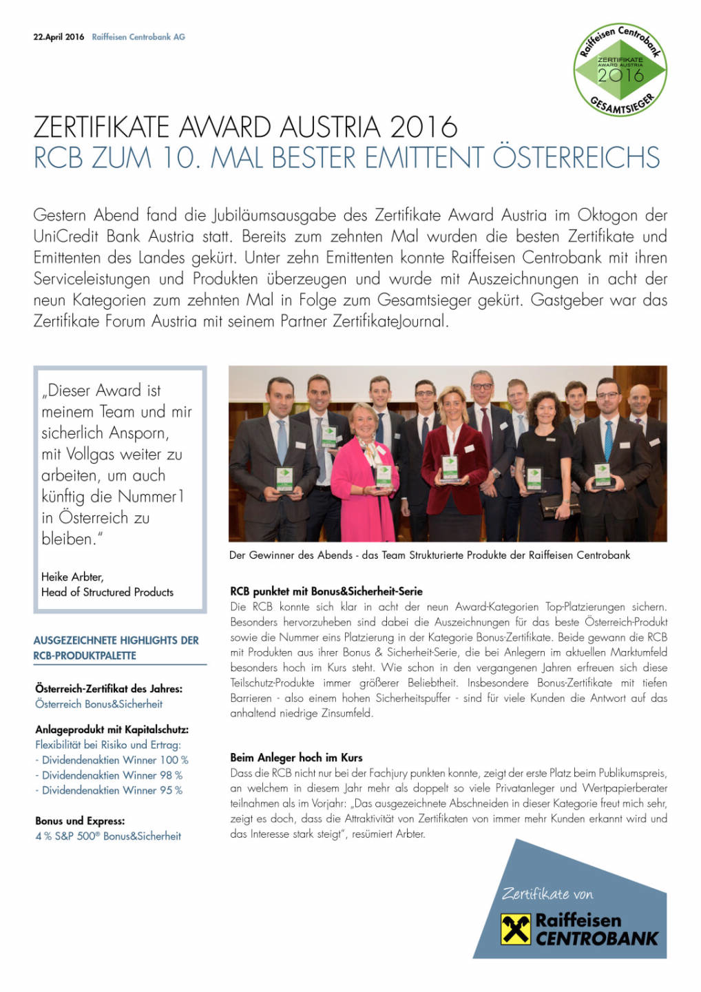 Raiffeisen Centrobank: Gesamtsieger beim Zertifikate Award Austria 2016, Seite 1/2, komplettes Dokument unter http://boerse-social.com/static/uploads/file_932_raiffeisen_centrobank_gesamtsieger_beim_zertifikate_award_austria_2016.pdf