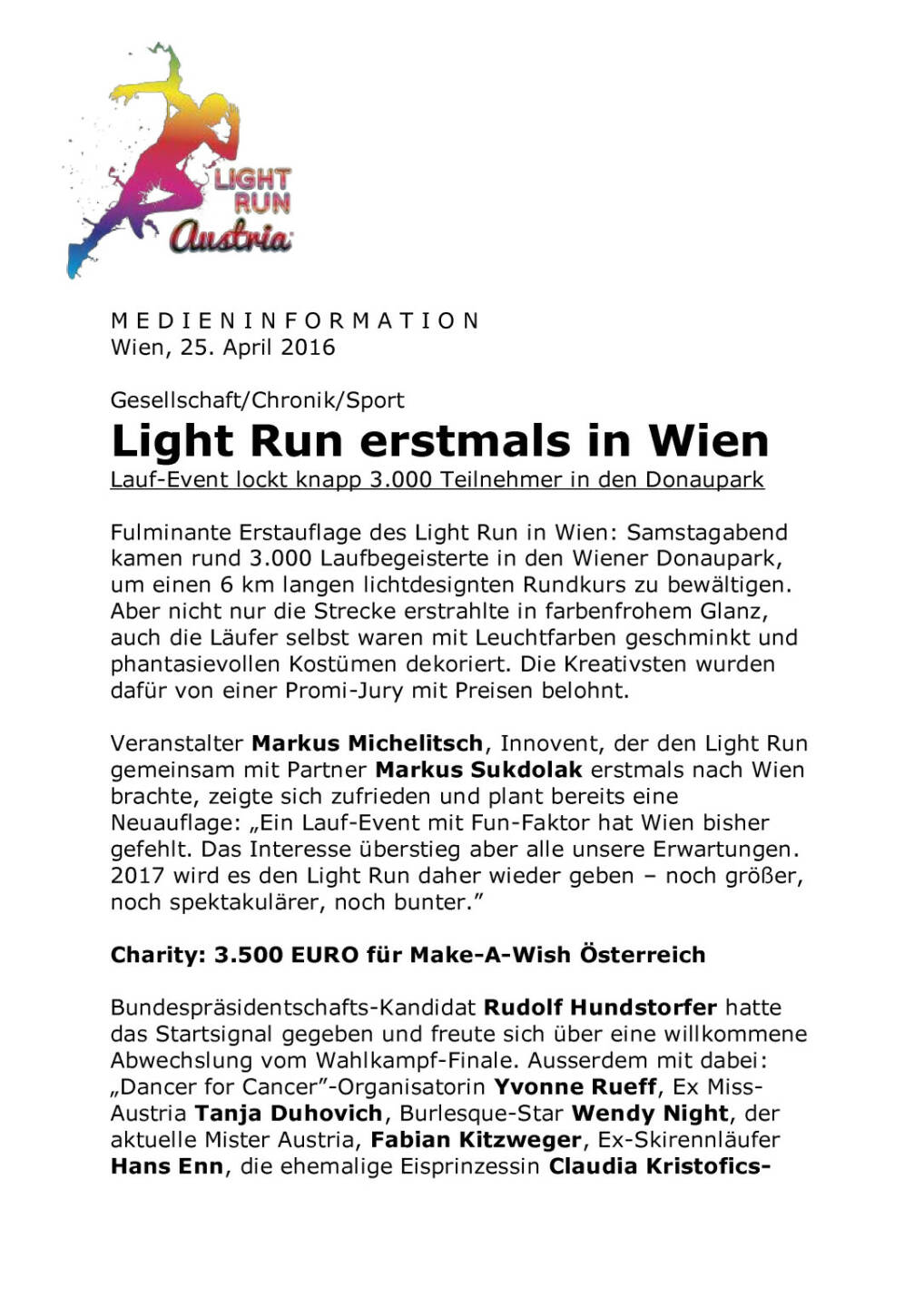 Light Run 2016 erstmals in Wien, Seite 1/2, komplettes Dokument unter http://boerse-social.com/static/uploads/file_936_light_run_2016_erstmals_in_wien.pdf