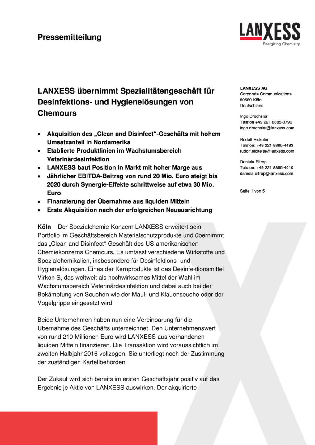 Lanxess übernimmt Spezialitätengeschäft für Desinfektions- und Hygienelösungen von Chemours, Seite 1/5, komplettes Dokument unter http://boerse-social.com/static/uploads/file_941_lanxess_ubernimmt_spezialitatengeschaft_fur_desinfektions-_und_hygienelosungen_von_chemours.pdf