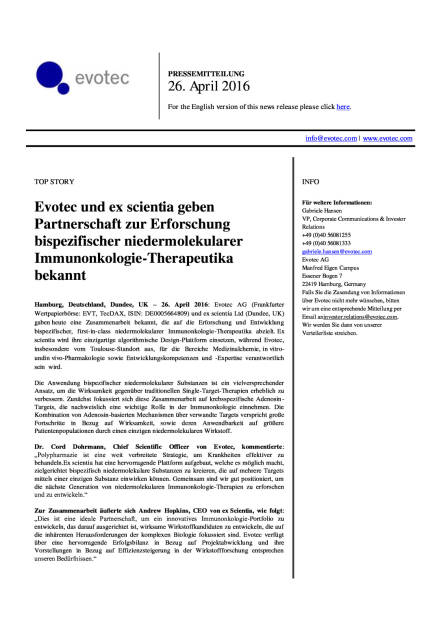 Evotec und ex scientia geben Partnerschaft bekannt, Seite 1/2, komplettes Dokument unter http://boerse-social.com/static/uploads/file_950_evotec_und_ex_scientia_geben_partnerschaft_bekannt.pdf (26.04.2016) 