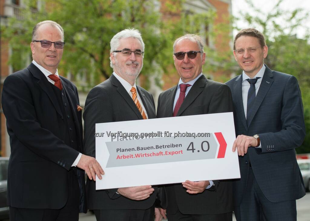 Alfred Waschl (Präsident der International Facility Management Association/IFMA Austria), Peter Kovacs (Vorstandsvorsitzender der Facility Management Austria/FMA), Wilhelm Reismann (Leitung Arbeitskreise in ÖIAV/Österreichischer Ingenieur-und Architektenverband und ÖBV/Österreichische Bautechnik Vereinigung), Gerald Goger (Technische Universität Wien und Leitung Arbeitskreis im ÖIAV) : Schulterschluss der heimischen Baubranche - neue Plattform „Planen.Bauen.Betreiben 4.0 – Arbeit.Wirtschaft.Export“ : Fotocredit: Unique relations/APA-Fotoservice/Hörmandinger, © Aussendung (26.04.2016) 