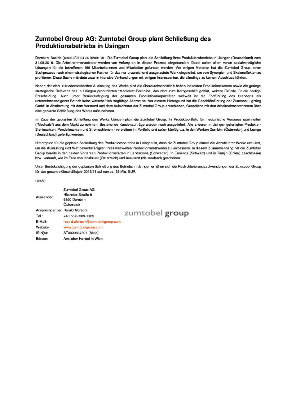 Zumtobel Group plant Schließung des Produktionsbetriebs in Usingen, Seite 1/1, komplettes Dokument unter http://boerse-social.com/static/uploads/file_965_zumtobel_group_plant_schliessung_des_produktionsbetriebs_in_usingen.pdf