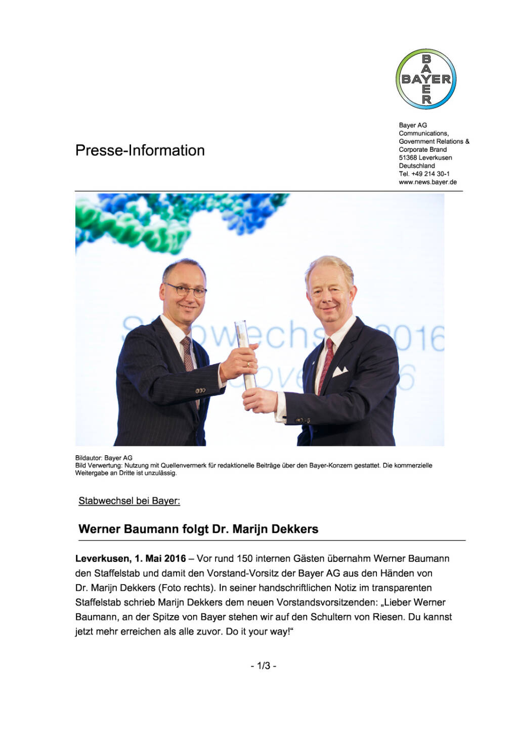 Bayer: Neuer Vorstandsvorsitzender, Seite 1/3, komplettes Dokument unter http://boerse-social.com/static/uploads/file_980_bayer_neuer_vorstandsvorsitzender.pdf