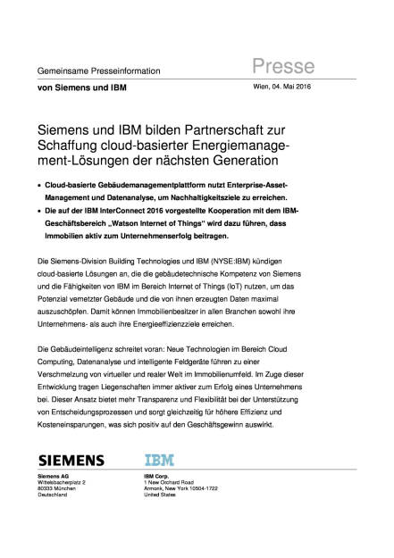 Siemens und IBM bilden Partnerschaft zur Schaffung cloud-basierter Energiemanagement-Lösungen, Seite 1/4, komplettes Dokument unter http://boerse-social.com/static/uploads/file_1007_siemens_und_ibm_bilden_partnerschaft_zur_schaffung_cloud-basierter_energiemanagement-losungen.pdf (04.05.2016) 