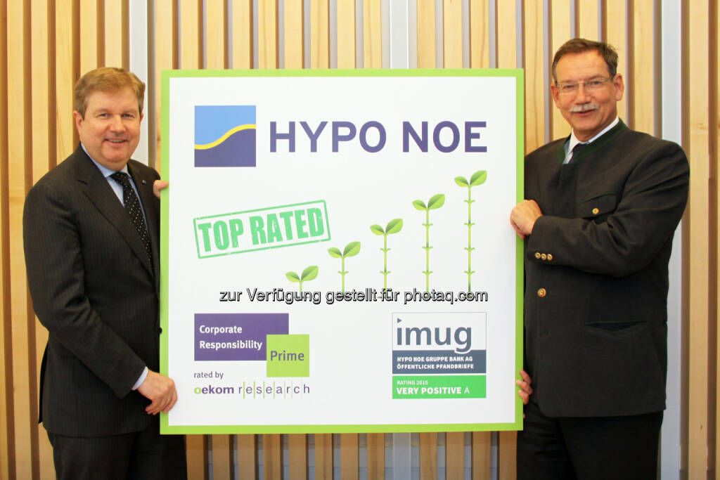 Peter Harold (Generaldirektor), Nikolai de Arnoldi (Finanzvorstand) : „Prime“-Rating für nachhaltige Hypo NOE : Fotocredit: Hypo NOE/Zalas, © Aussendung (04.05.2016) 