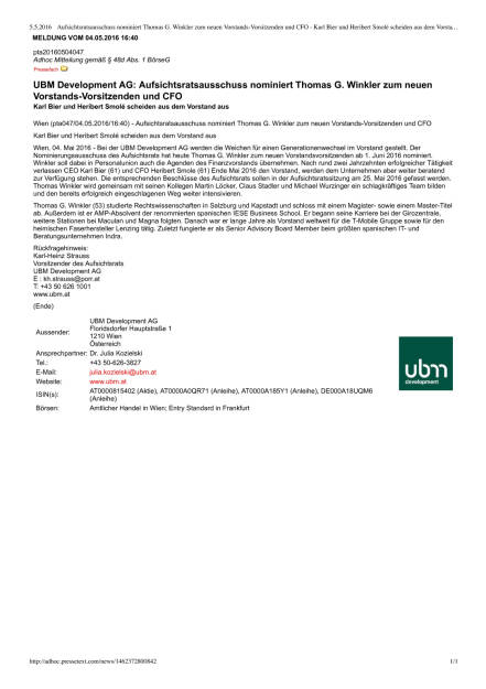 UBM: neuer Vorstand, Seite 1/1, komplettes Dokument unter http://boerse-social.com/static/uploads/file_1015_ubm_neuer_vorstand.pdf (05.05.2016) 