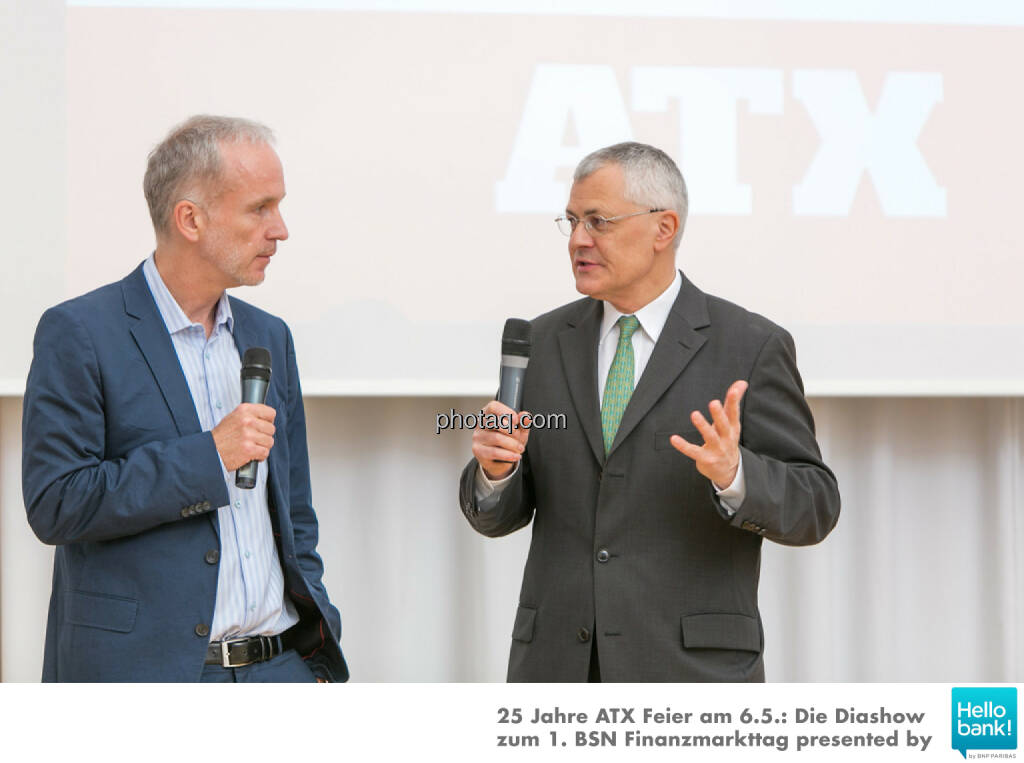 25 Jahre ATX: Christian Drastil, Michael Buhl auf der Bühne der OeKB, © Martina Draper/photaq (07.05.2016) 