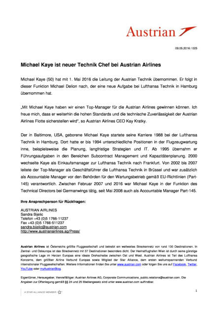 Austrian Airlines: Michael Kaye ist neuer Technik Chef, Seite 1/1, komplettes Dokument unter http://boerse-social.com/static/uploads/file_1019_austrian_airlines_michael_kaye_ist_neuer_technik_chef.pdf (09.05.2016) 