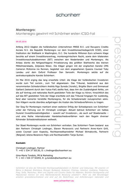 Schönherr gewinnt für Montenegro ersten ICSID-Fall, Seite 1/2, komplettes Dokument unter http://boerse-social.com/static/uploads/file_1023_schonherr_gewinnt_fur_montenegro_ersten_icsid-fall.pdf (09.05.2016) 