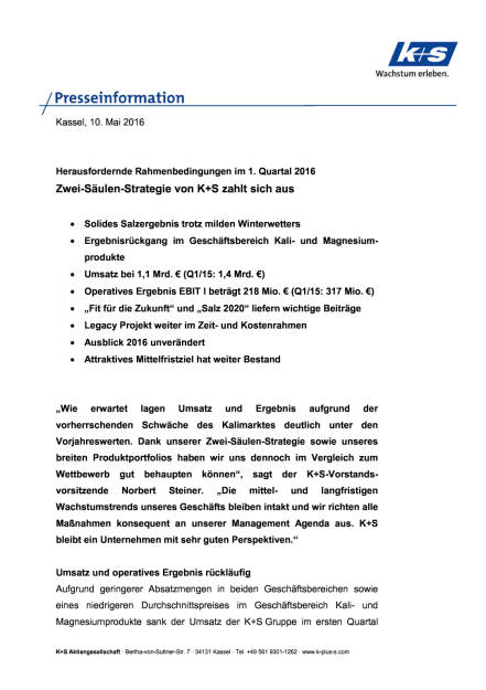 K+S Q 1/2016, Seite 1/4, komplettes Dokument unter http://boerse-social.com/static/uploads/file_1025_ks_q_12016.pdf (10.05.2016) 