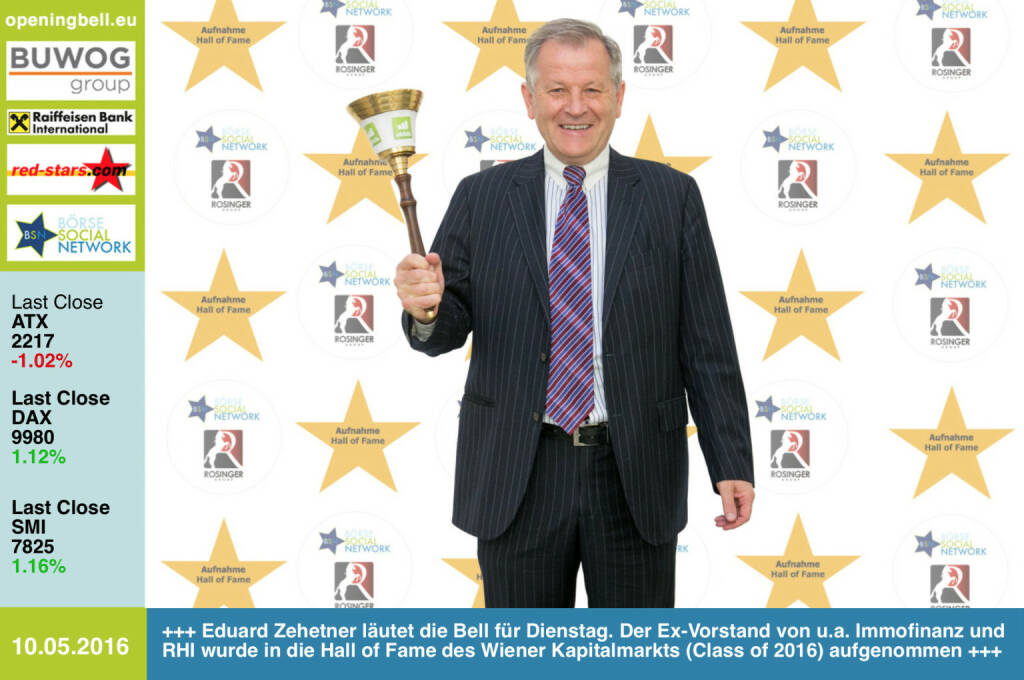 #openingbell am 10.5:  Eduard Zehetner läutet die Opening Bell für Dienstag. Der Ex-Vorstand von u.a. RHI und Immofinanz in die Hall of Fame des Wiener Kapitalmarkts (Class of 2016) aufgenommen http://boerse-social.com/hall-of-fame http://www.openingbell.eu (10.05.2016)