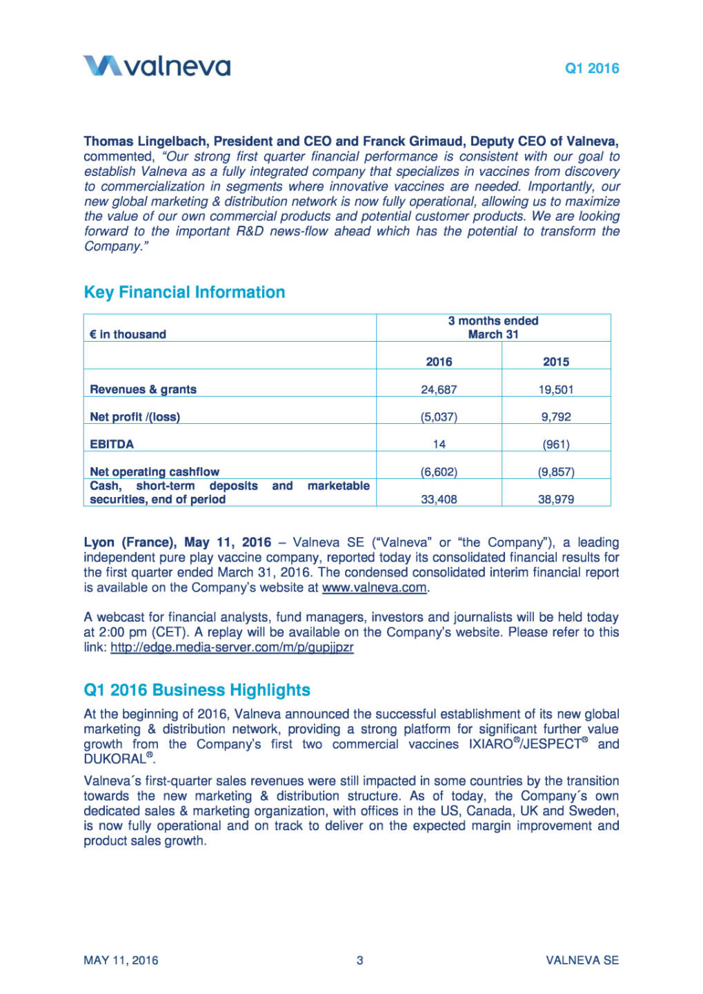 Valneva mit starkem Q1 2016 und positivem EBITDA, Seite 3/23, komplettes Dokument unter http://boerse-social.com/static/uploads/file_1032_valneva_mit_starkem_q1_und_positivem_ebitda.pdf