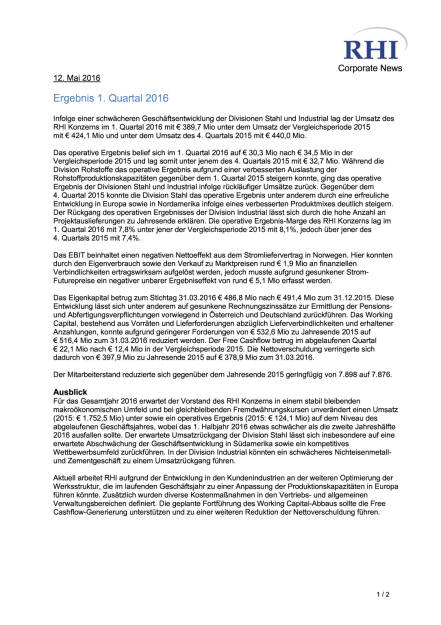 RHI Ergebnisse Q1 2016, Seite 1/2, komplettes Dokument unter http://boerse-social.com/static/uploads/file_1049_rhi_ergebnisse_q1_2016.pdf (12.05.2016) 