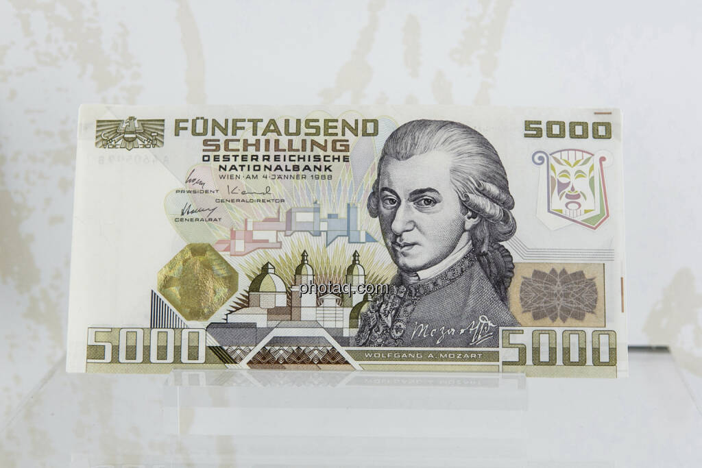 5000-Schilling-Note aus dem Jahr 1988, Wolfgang Amadeus Mozart, © finanzmarktfoto.at/Martina Draper (15.04.2013) 