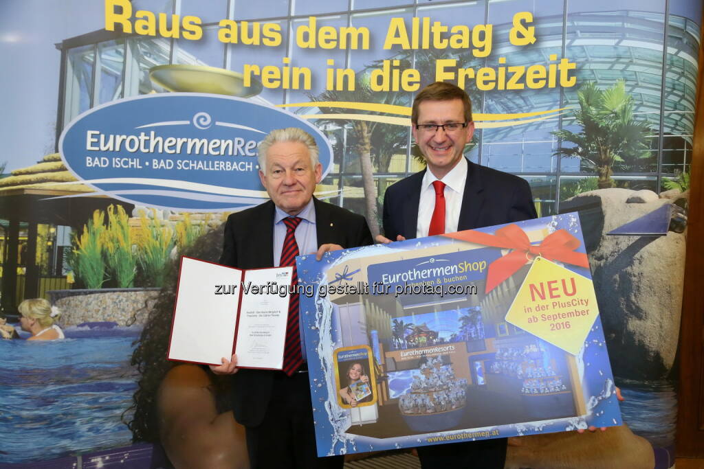 Josef Pühringer (LH OÖ), Markus Achleitner (Eurothermen-General) : Eurothermen setzen Trends mit touristischen Innovationen : Fotocredit: EurothermenResorts , © Aussender (12.05.2016) 