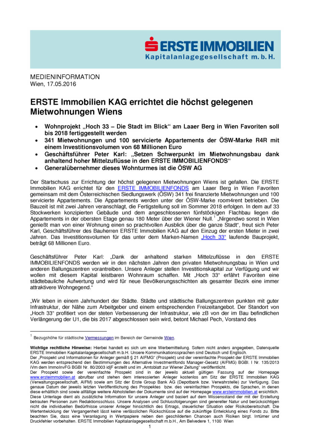 ERSTE Immobilien KAG errichtet die höchst gelegenen Mietwohnungen Wiens, Seite 1/3, komplettes Dokument unter http://boerse-social.com/static/uploads/file_1067_erste_immobilien_kag_errichtet_die_hochst_gelegenen_mietwohnungen_wiens.pdf