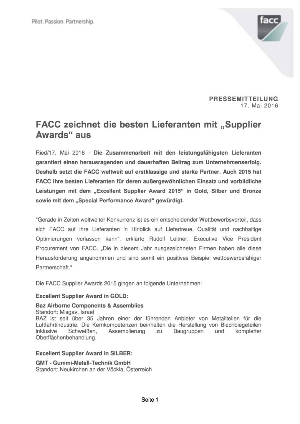 FACC zeichnet die besten Lieferanten mit „Supplier Awards“ aus, Seite 1/6, komplettes Dokument unter http://boerse-social.com/static/uploads/file_1065_facc_zeichnet_die_besten_lieferanten_mit_supplier_awards_aus.pdf