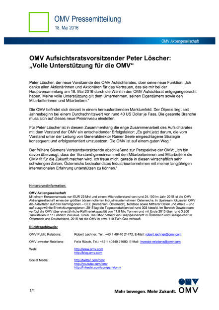 Peter Löscher neuer Vorsitzender des OMV Aufsichtsrates, Seite 1/1, komplettes Dokument unter http://boerse-social.com/static/uploads/file_1076_peter_löscher_neuer_vorsitzender_des_omv_aufsichtsrates.pdf (18.05.2016) 