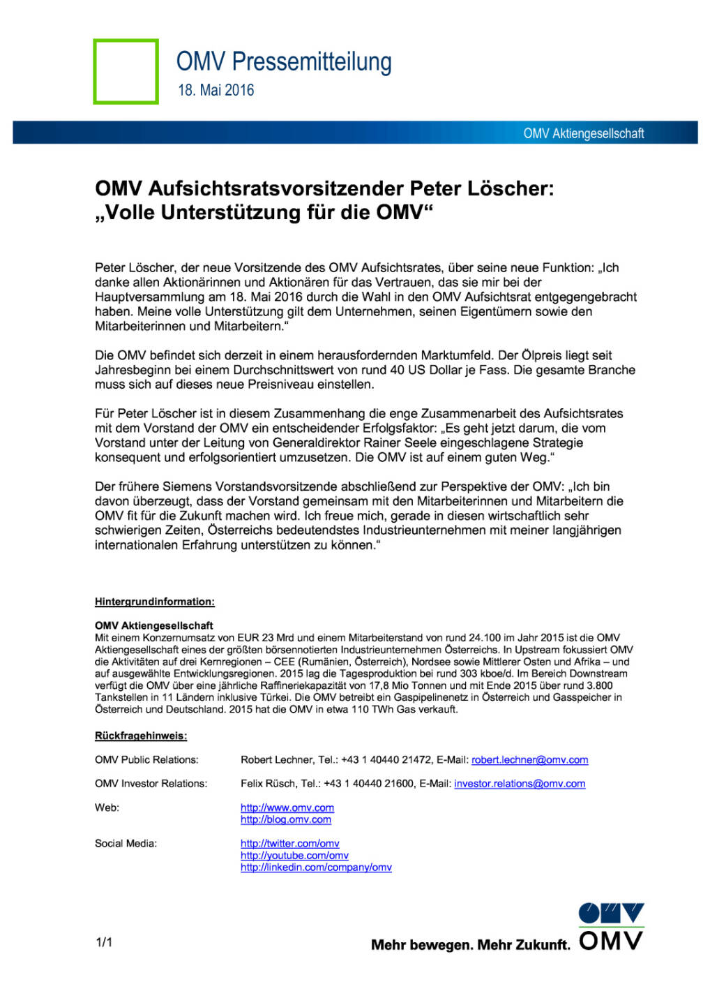 Peter Löscher neuer Vorsitzender des OMV Aufsichtsrates, Seite 1/1, komplettes Dokument unter http://boerse-social.com/static/uploads/file_1076_peter_löscher_neuer_vorsitzender_des_omv_aufsichtsrates.pdf