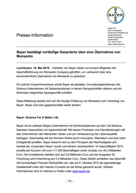 Bayer: Gespräche über eine Übernahme von Monsanto, Seite 1/2, komplettes Dokument unter http://boerse-social.com/static/uploads/file_1078_bayer_gesprache_uber_eine_ubernahme_von_monsanto.pdf (19.05.2016) 