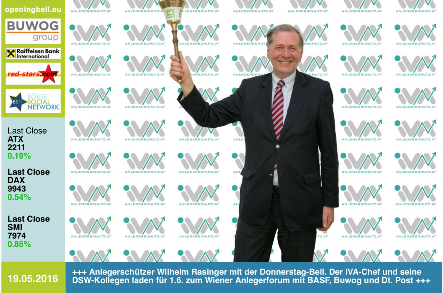 #openingbell am 19.5: Anlegerschützer Wilhelm Rasinger mit der Opening Bell für Donnerstag. Der IVA-Chef und seine deutschen DSW-Kollegen laden für 1.6. zum Wiener Anlegerforum mit BASF, Buwog und Dt.  Post http://www.iva.or.at/images/einladung_anlegerforum_20160601.pdf http://www,openingbell.eu