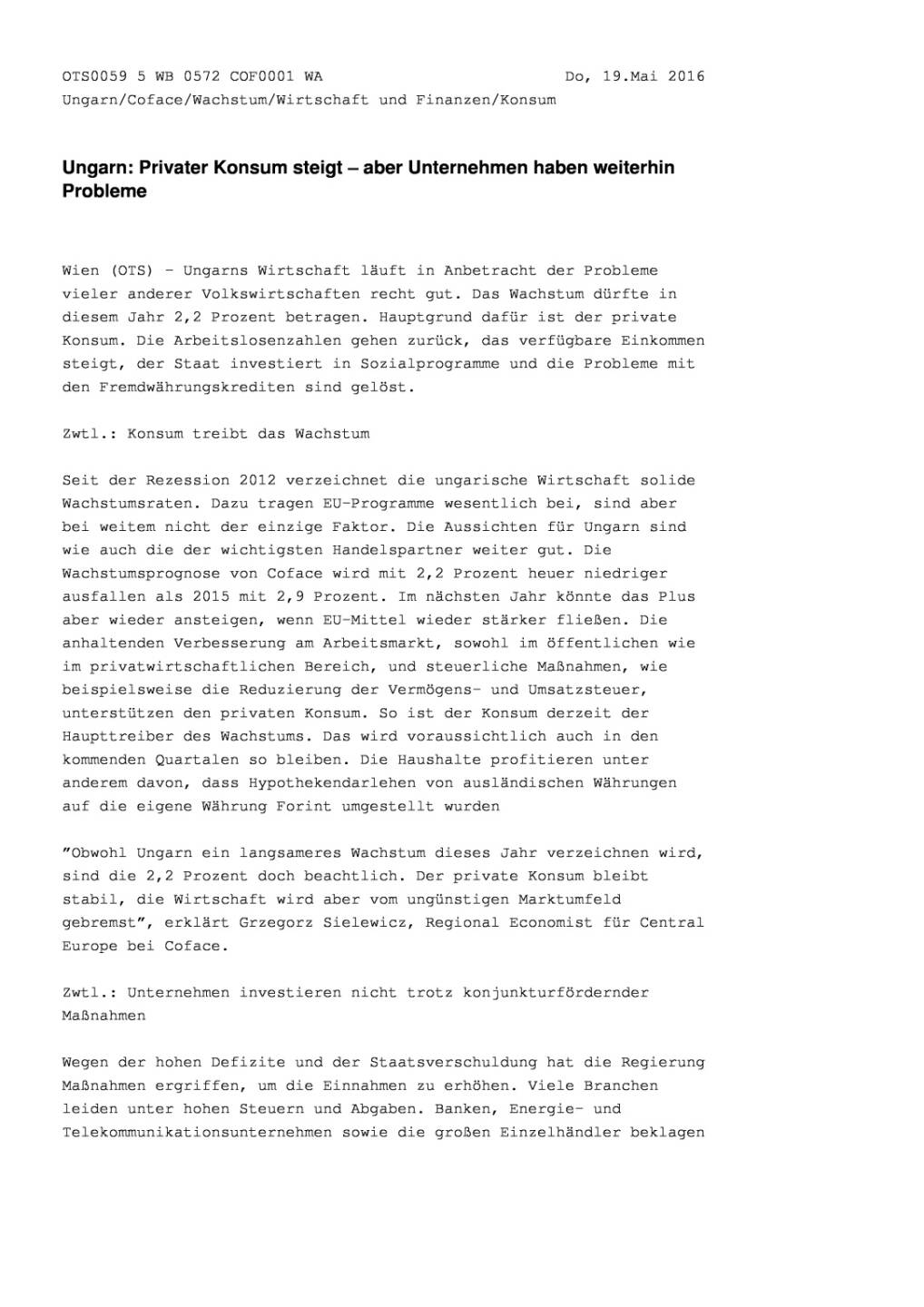 Coface: Ungarn: Privater Konsum steigt – aber Unternehmen haben weiterhin Probleme, Seite 1/3, komplettes Dokument unter http://boerse-social.com/static/uploads/file_1084_coface_ungarn_privater_konsum_steigt_aber_unternehmen_haben_weiterhin_probleme.pdf