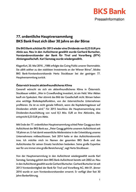 BKS Bank Hauptversammlung: Gerhard Burtscher neu im Aufsichtsrat, Seite 1/2, komplettes Dokument unter http://boerse-social.com/static/uploads/file_1089_bks_bank_hauptversammlung_gerhard_burtscher_neu_im_aufsichtsrat.pdf (20.05.2016) 