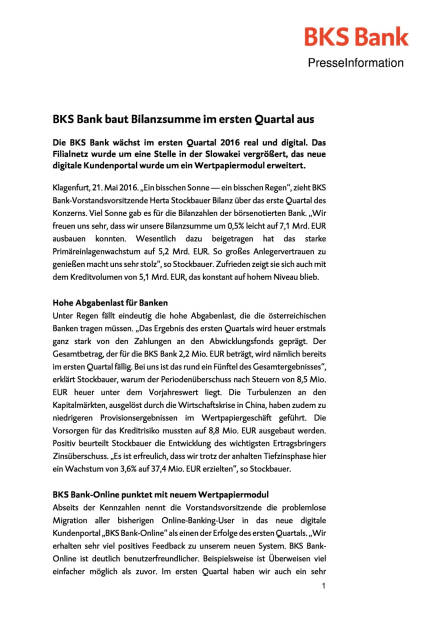 BKS Bank: Ergebnis 1. Quartal, Seite 1/2, komplettes Dokument unter http://boerse-social.com/static/uploads/file_1088_bks_bank_ergebnis_1_quartal.pdf (20.05.2016) 