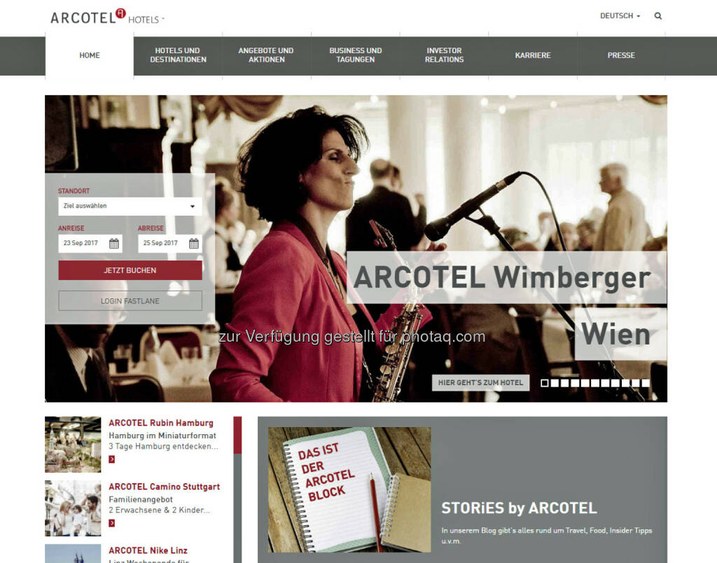 Neue Homepage Arcotel : Website von Arcotel nach Relaunch online : Fotocredit: Arcotel Hotels, © Aussendung (23.05.2016) 