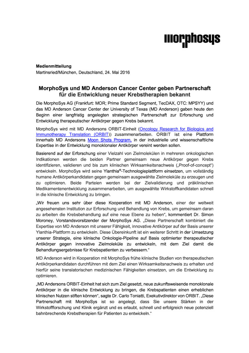 Partnerschaft zwischen MorphoSys und MD Anderson Cancer Center, Seite 1/3, komplettes Dokument unter http://boerse-social.com/static/uploads/file_1096_partnerschaft_zwischen_morphosys_und_md_anderson_cancer_center.pdf
