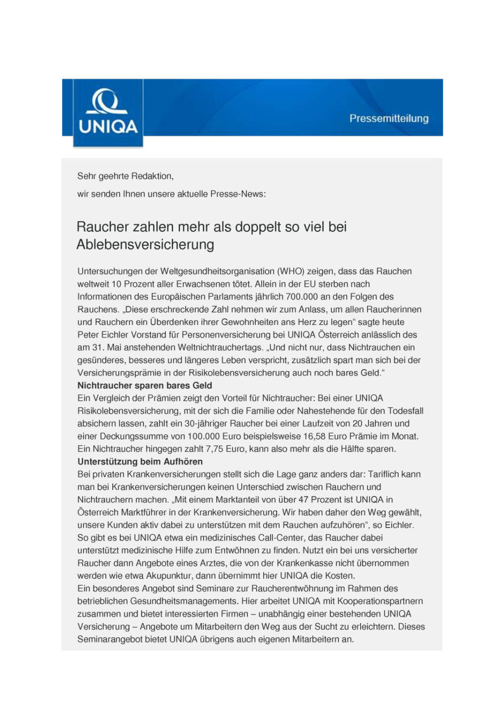 Uniqa: Raucher zahlen mehr bei Ablebensversicherung, Seite 1/2, komplettes Dokument unter http://boerse-social.com/static/uploads/file_1121_uniqa_raucher_zahlen_mehr_bei_ablebensversicherung.pdf