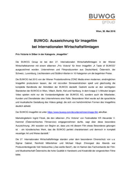 Buwog: Auszeichnung für Imagefilm, Seite 1/2, komplettes Dokument unter http://boerse-social.com/static/uploads/file_1129_buwog_auszeichnung_fur_imagefilm.pdf (30.05.2016) 